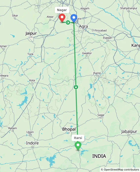 Route map showing distance and travel time from Itarsi, India to Nagar, India