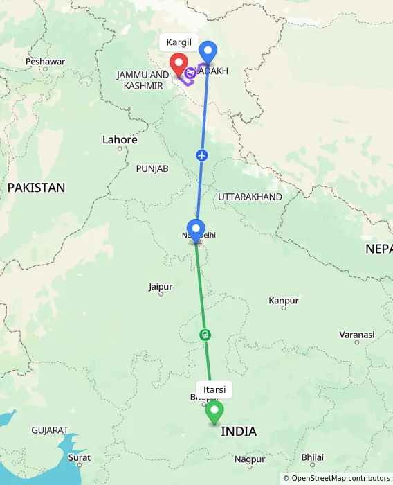 Route map showing distance and travel time from Itarsi, India to Kargil, India