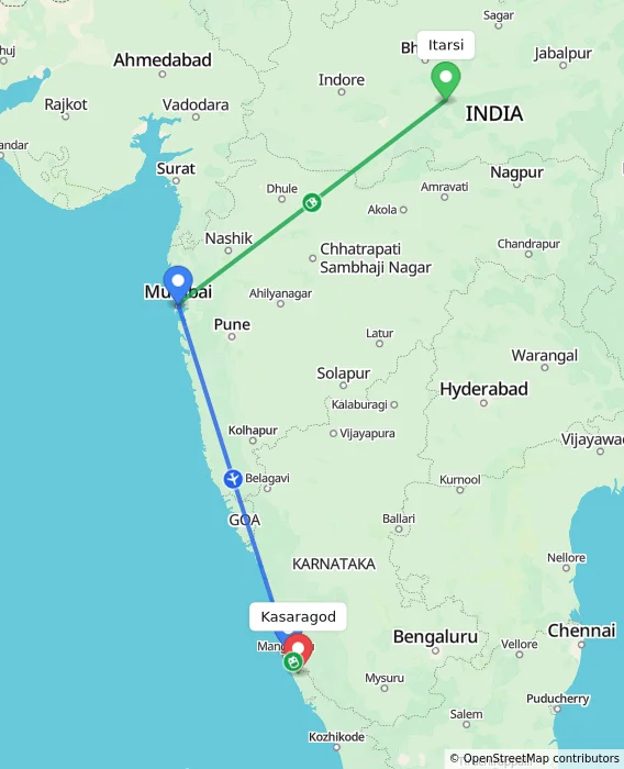 Route map showing distance and travel time from Itarsi, India to Kasaragod, India