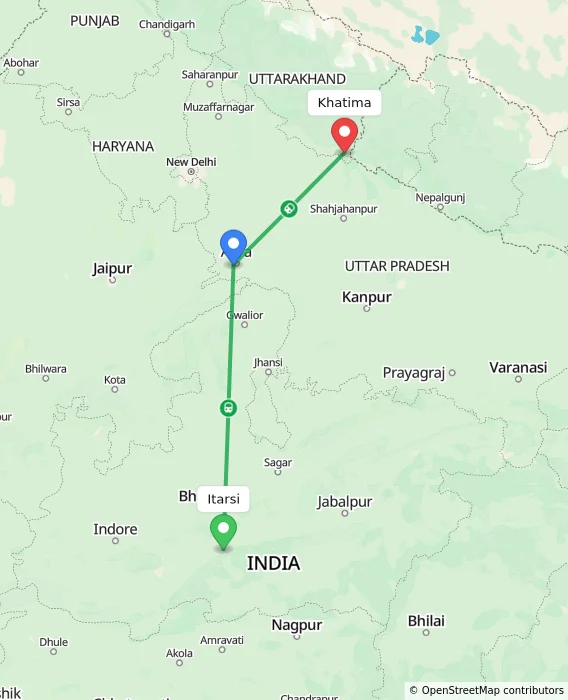 Route map showing distance and travel time from Itarsi, India to Khatima, India