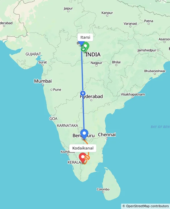 Route map showing distance and travel time from Itarsi, India to Kodaikanal, India