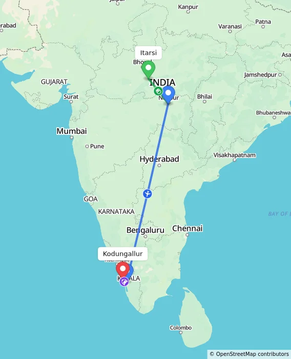 Route map showing distance and travel time from Itarsi, India to Kodungallur, India