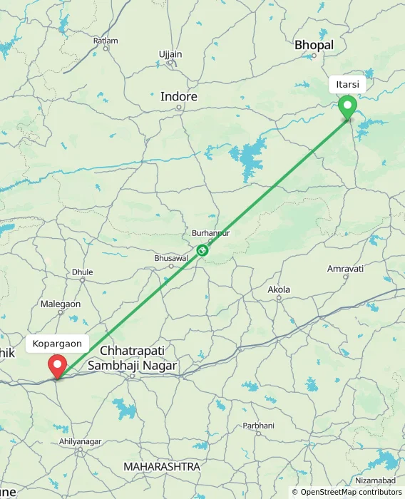 Route map showing distance and travel time from Itarsi, India to Kopargaon, India