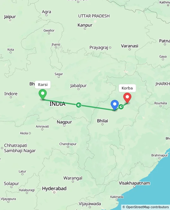 Route map showing distance and travel time from Itarsi, India to Korba, India