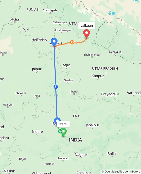 Route map showing distance and travel time from Itarsi, India to Lalkuan, India
