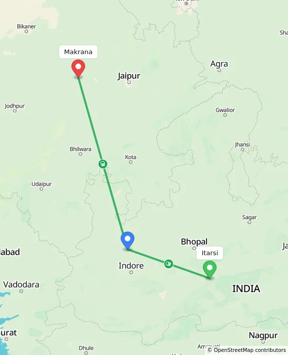 Route map showing distance and travel time from Itarsi, India to Makrana, India