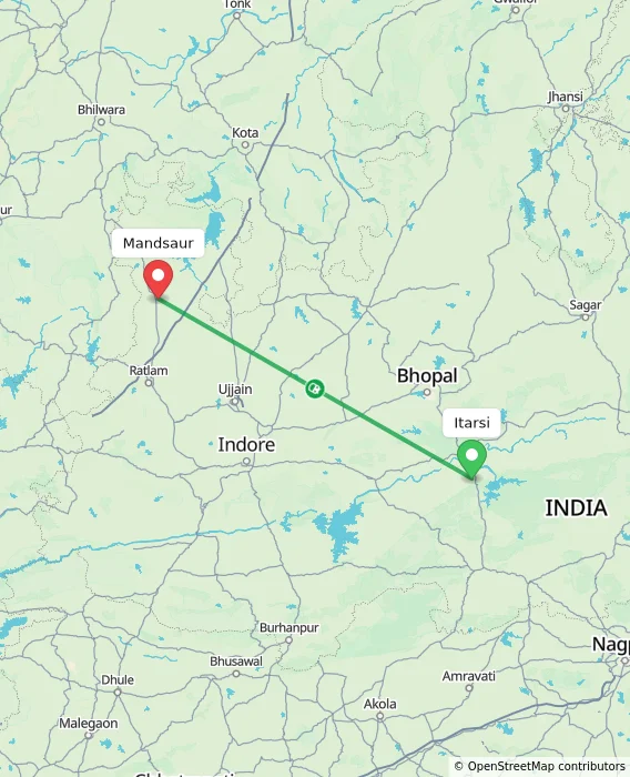 Route map showing distance and travel time from Itarsi, India to Mandsaur, India
