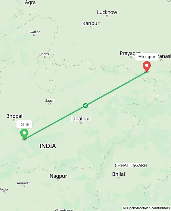 Route map showing distance and travel time from Itarsi, India to Mirzapur, India