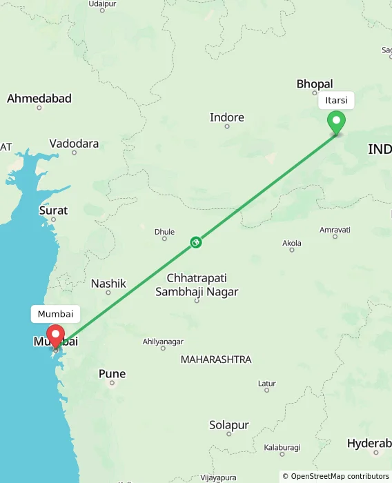 Route map showing distance and travel time from Itarsi, India to Mumbai, India