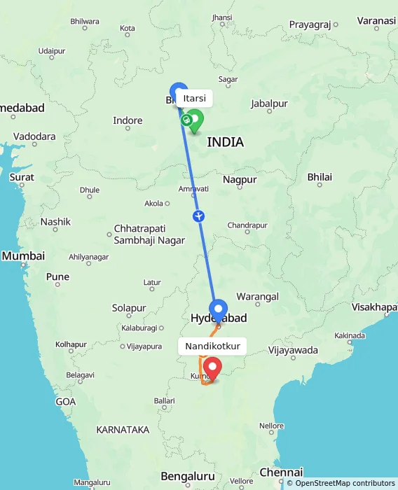 Route map showing distance and travel time from Itarsi, India to Nandikotkur, India