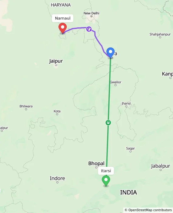 Route map showing distance and travel time from Itarsi, India to Narnaul, India