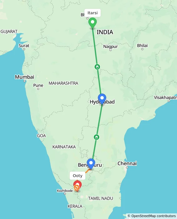 Route map showing distance and travel time from Itarsi, India to Ooty, India