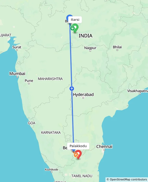 Route map showing distance and travel time from Itarsi, India to Palakkodu, India