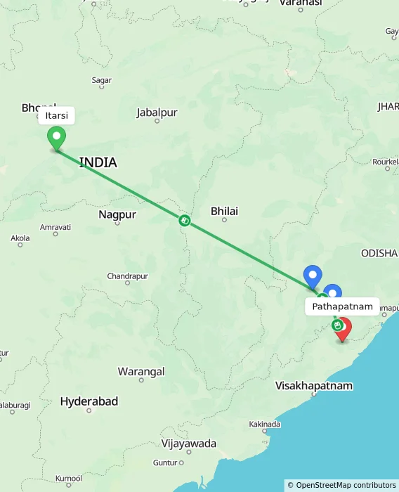 Route map showing distance and travel time from Itarsi, India to Pathapatnam, India