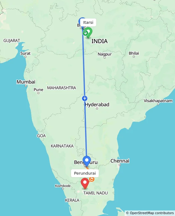 Route map showing distance and travel time from Itarsi, India to Perundurai, India
