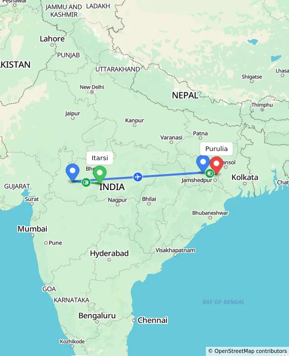 Route map showing distance and travel time from Itarsi, India to Purulia, India