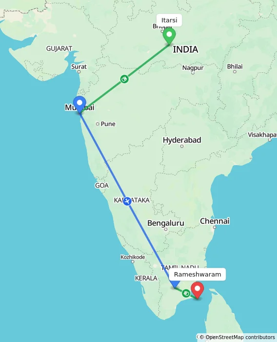 Route map showing distance and travel time from Itarsi, India to Rameshwaram, India