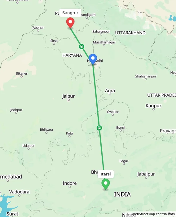 Route map showing distance and travel time from Itarsi, India to Sangrur, India