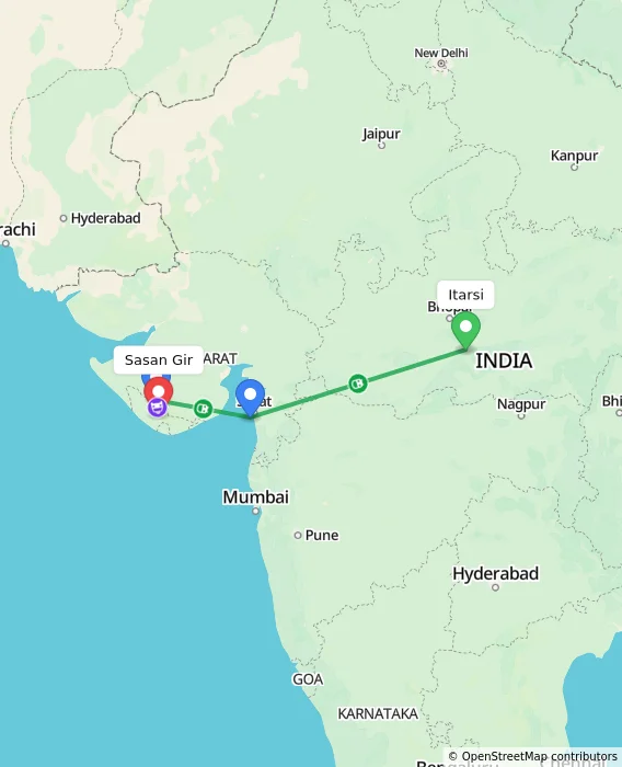 Route map showing distance and travel time from Itarsi, India to Sasan Gir, India