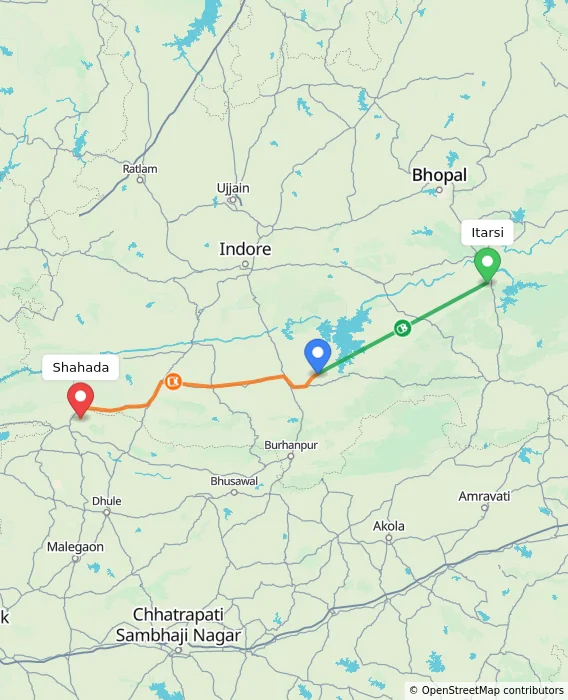 Route map showing distance and travel time from Itarsi, India to Shahada, India