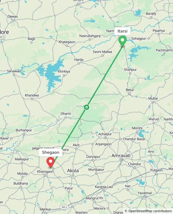 Route map showing distance and travel time from Itarsi, India to Shegaon, India