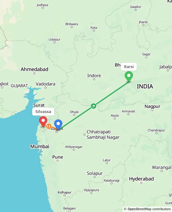 Route map showing distance and travel time from Itarsi, India to Silvassa, India