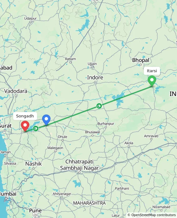 Route map showing distance and travel time from Itarsi, India to Songadh, India