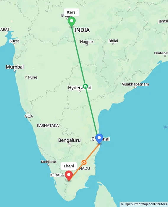 Route map showing distance and travel time from Itarsi, India to Theni, India