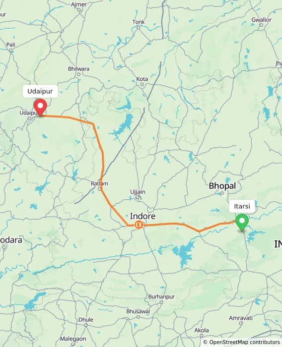 Route map showing distance and travel time from Itarsi, India to Udaipur, India