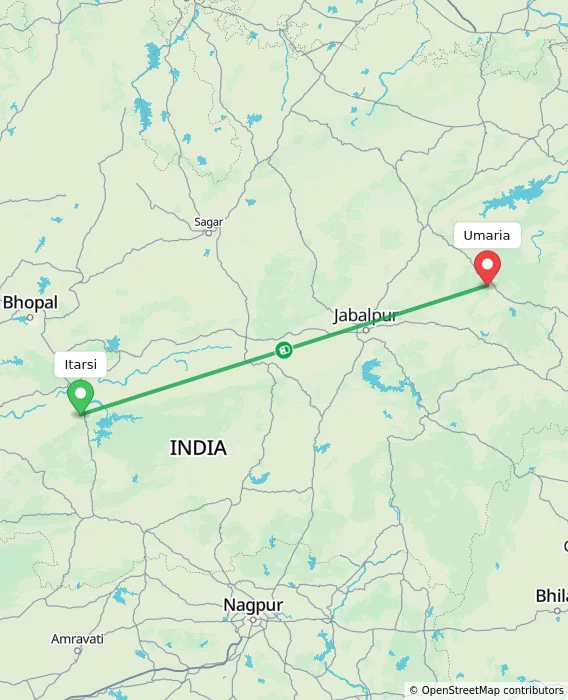 Route map showing distance and travel time from Itarsi, India to Umaria, India