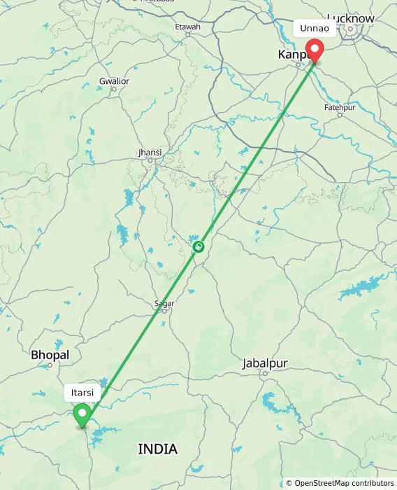 Route map showing distance and travel time from Itarsi, India to Unnao, India