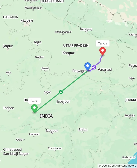 Route map showing distance and travel time from Itarsi, India to Tanda, India