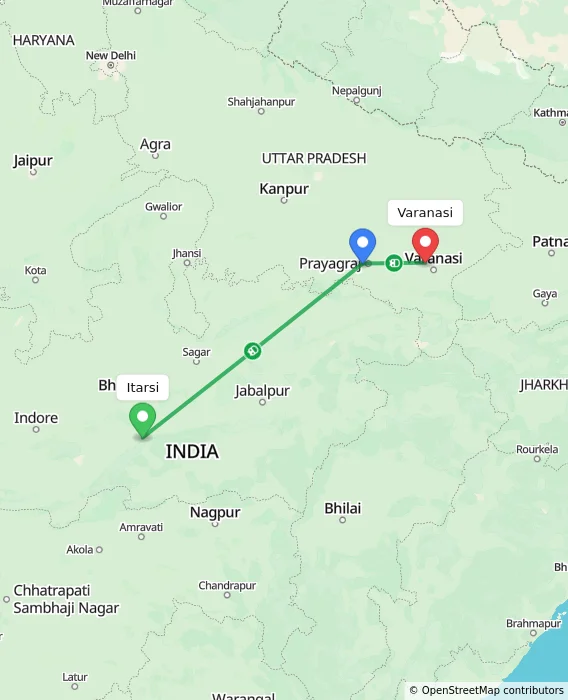 Route map showing distance and travel time from Itarsi, India to Varanasi, India