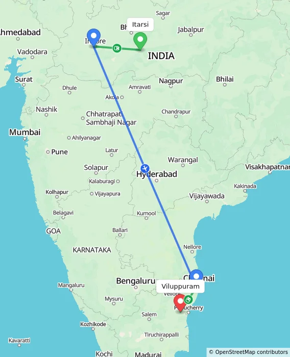 Route map showing distance and travel time from Itarsi, India to Viluppuram, India