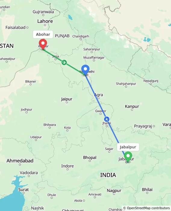 Route map showing distance and travel time from Jabalpur, India to Abohar, India