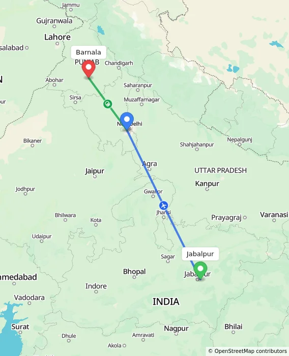 Route map showing distance and travel time from Jabalpur, India to Barnala, India
