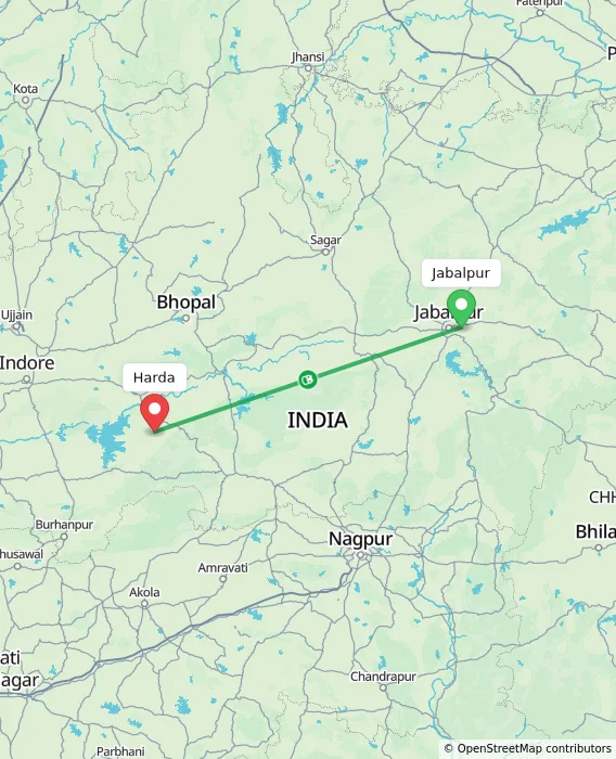 Route map showing distance and travel time from Jabalpur, India to Harda, India