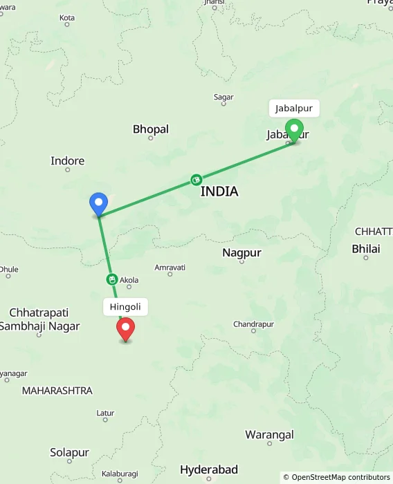 Route map showing distance and travel time from Jabalpur, India to Hingoli, India