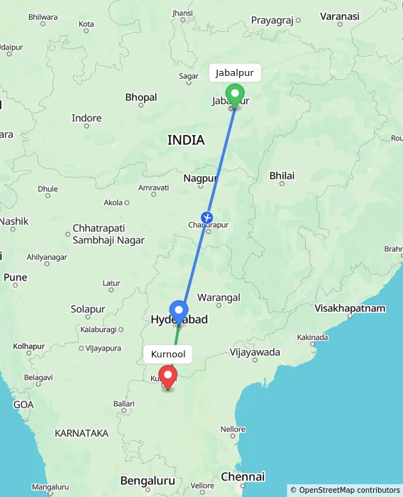 Route map showing distance and travel time from Jabalpur, India to Kurnool, India