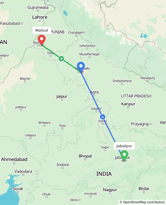 Route map showing distance and travel time from Jabalpur, India to Malout, India
