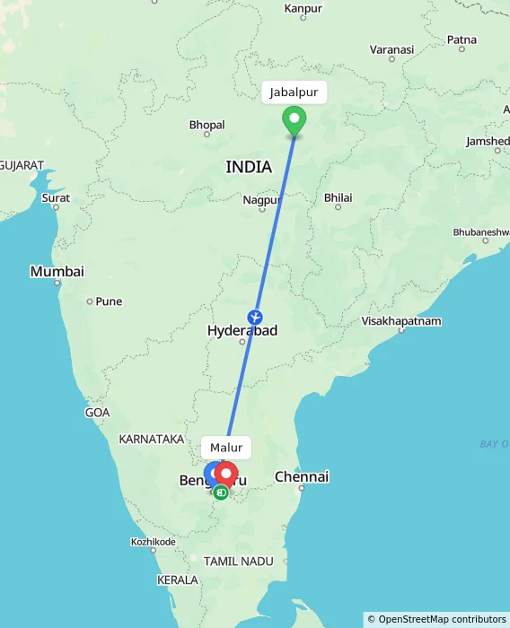 Route map showing distance and travel time from Jabalpur, India to Malur, India