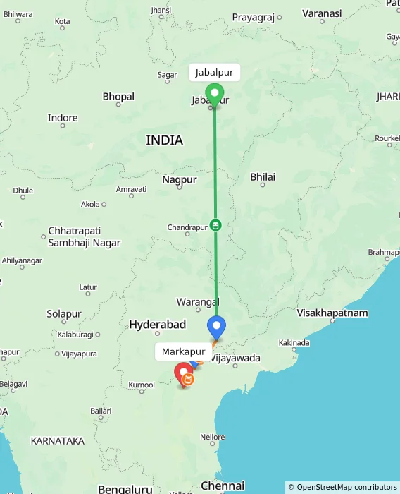 Route map showing distance and travel time from Jabalpur, India to Markapur, India