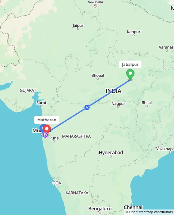 Route map showing distance and travel time from Jabalpur, India to Matheran, India