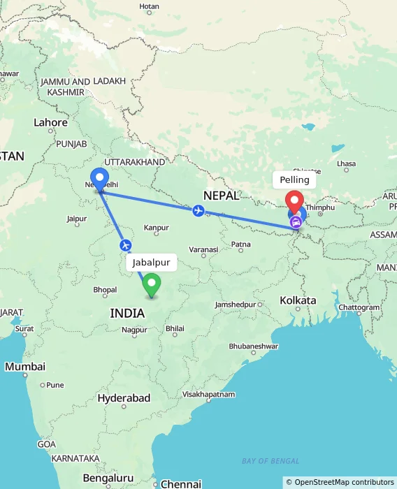 Route map showing distance and travel time from Jabalpur, India to Pelling, India