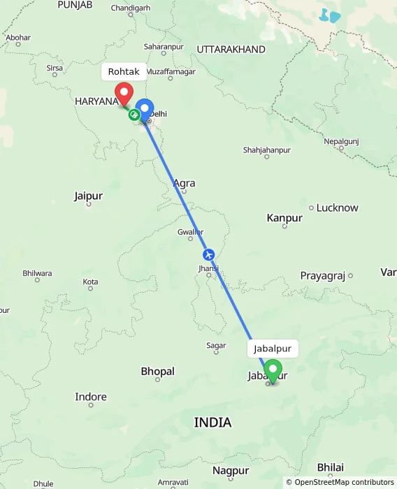 Route map showing distance and travel time from Jabalpur, India to Rohtak, India