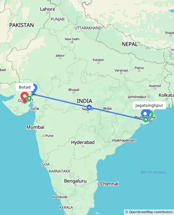 Route map showing distance and travel time from Jagatsinghpur, India to Botad, India