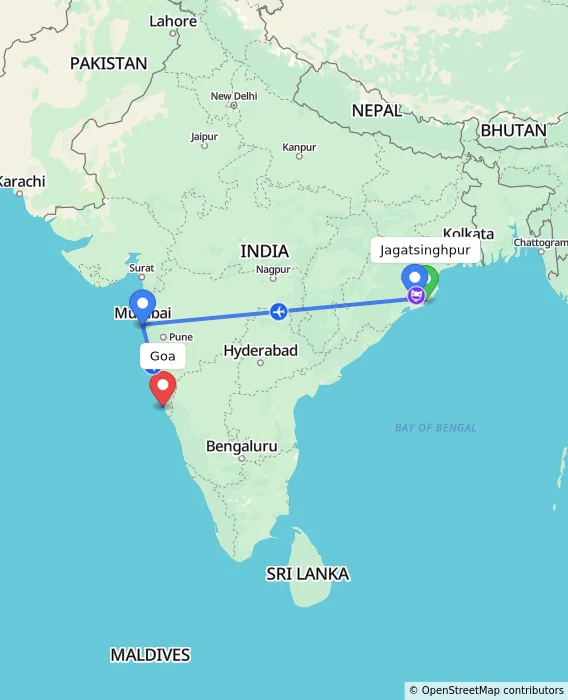 Route map showing distance and travel time from Jagatsinghpur, India to Goa, India