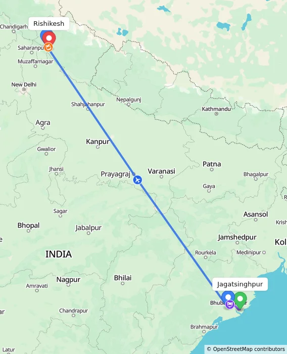 Route map showing distance and travel time from Jagatsinghpur, India to Rishikesh, India