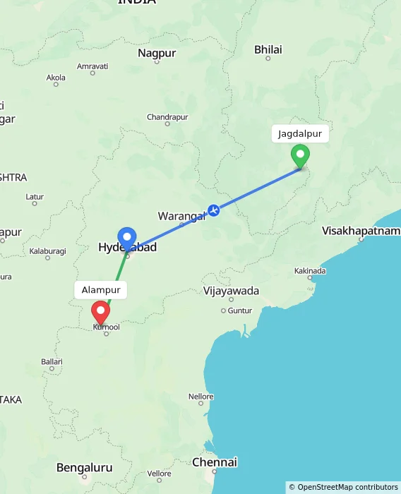 Route map showing distance and travel time from Jagdalpur, India to Alampur, India