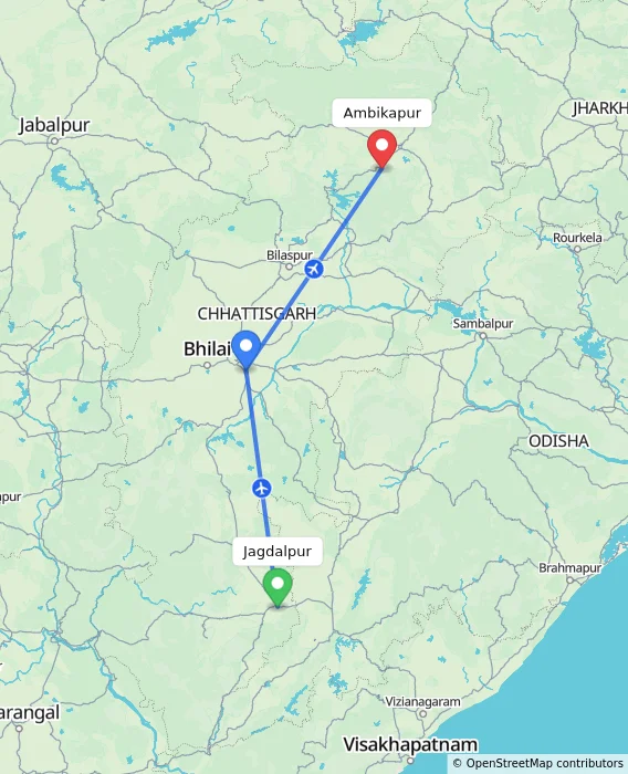 Route map showing distance and travel time from Jagdalpur, India to Ambikapur, India